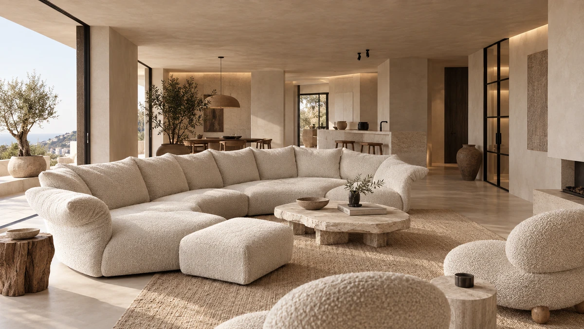Sculptural cream sofa in a warm Mediterranean interior