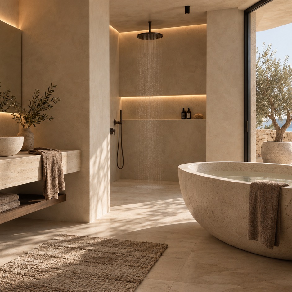 Warm stone bathroom with a sculptural bathtub and soft Mediterranean daylight